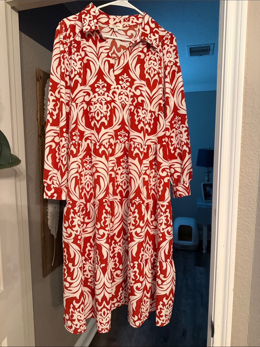 Rust and Cream Printed Long Sleeve Tiered Midi Dress